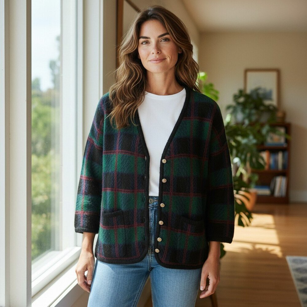 Tally Ho Womens Small Plaid Cardigan Sweater